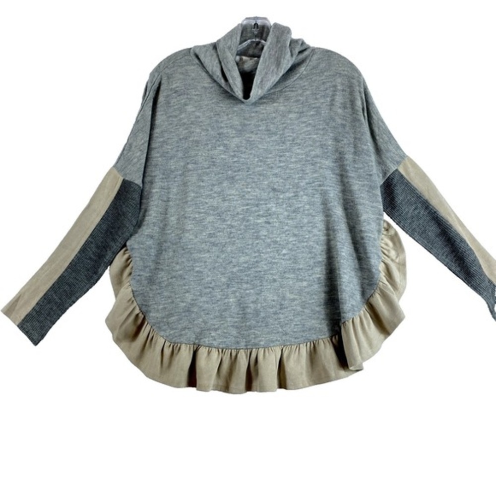 2/$30 THML Anthropologie Blouse‎ Top Sz XS Grey Knit Ruffle Faux Suede Accent - Picture 3 of 13